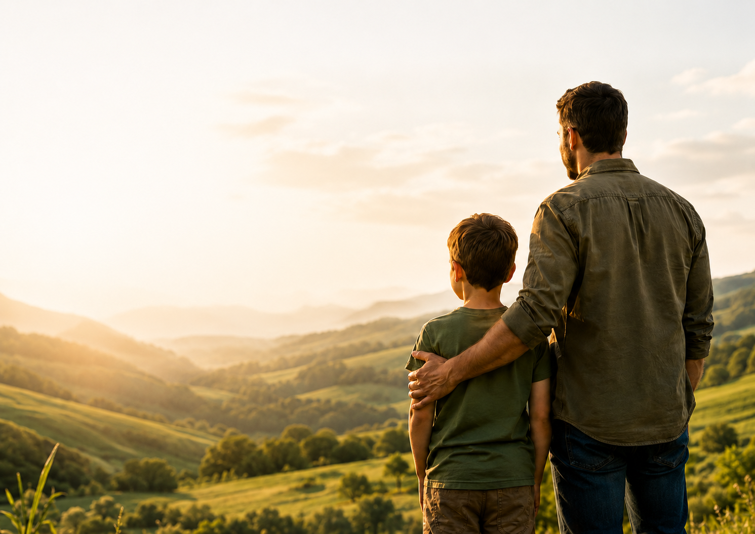 Pai e filho olhando para um vale verde ao pôr do sol — símbolo do futuro que a Mais Verde ajuda a construir